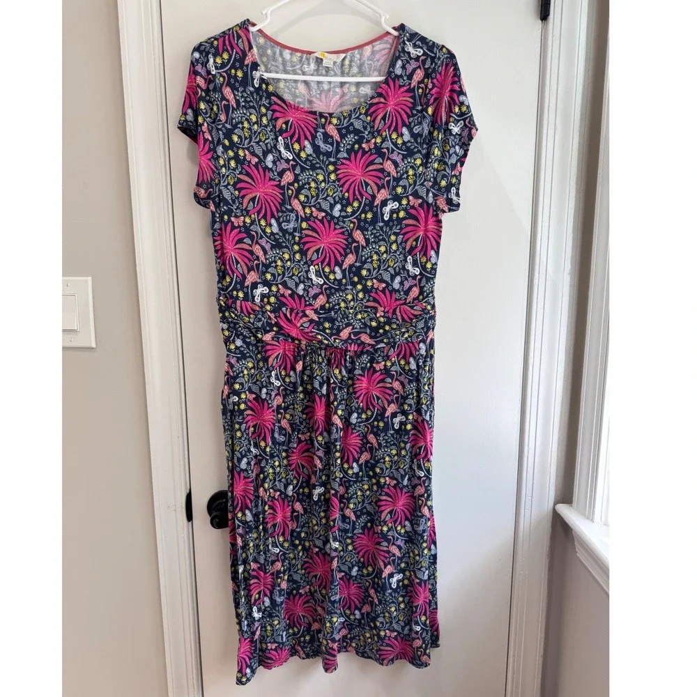 Boden Amelie Navy Blue Flamingo Tropical Jersey Midi Dress Womens 10/12 - Picture 2 of 9
